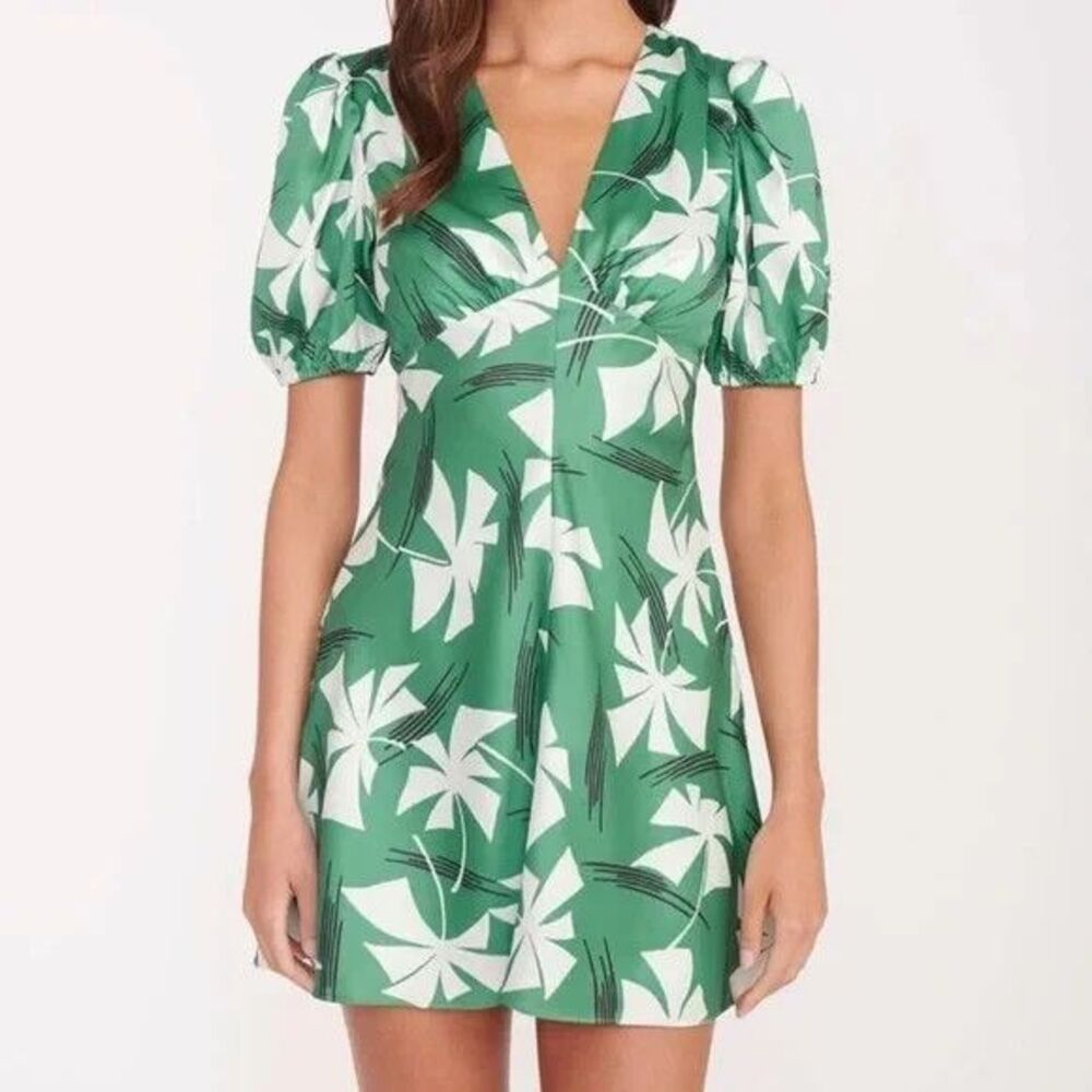 STAUD Dress Womens Size 8 Green Floral Puff Sleeve Mini MILLA